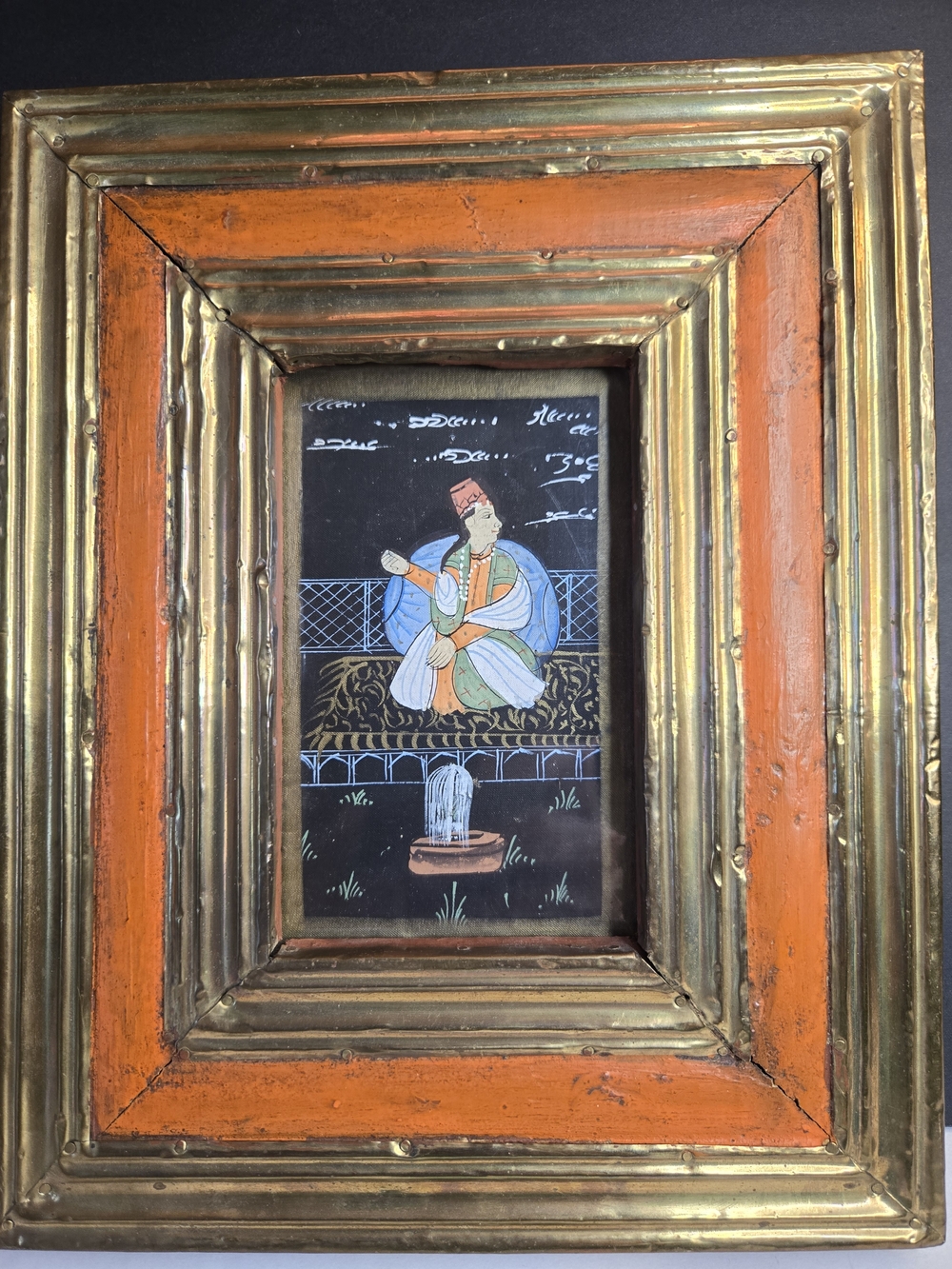 Indo-Persian Mughal Painted Miniature Royal Court Reproduction In Brass And Wood
